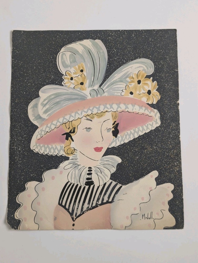 Vintage Art Deco Flapper Woman Original Painting Signed M Wall Mixed Media 11×13