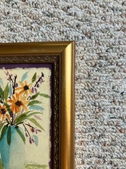 Original 4×6 Watercolor Painting in Vtg 90’s+ Gold Wood Frame; Sunflowers, Vase
