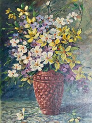 A.F.Kirsch ? Flower Still Life Vase Colorful Flowers Leaves Light Shadow Antique