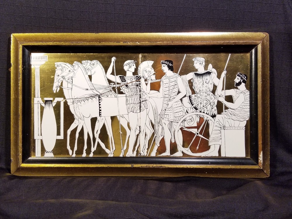 Gilded Painting Gold Leaf Roman Horse Chariot Race vtg Art 1’x6″ Tiles Antique