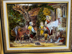 Pierre Bonnet Limoges Enamel on Copper Silver Foil Plaque Village Scene C. 1955
