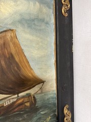 Antique Signed Painting Row of Windmills Sailboat Boat Canal Port Coast Framed