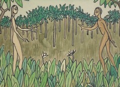 Adam & Eve in Garden 7 1/2 x 10 W/C Painting on Paper Board-1930s-James Gussow