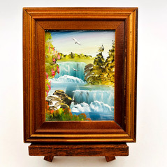 Miniature Painting On Glass Waterfall Flowers B1rds 5×4 inch Framed Easel VTG