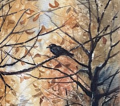 Pamela Wilhelm Watercolor & Ink 7×10” Original Landscape Raven Autumn Trees