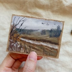 ACEO Original Autumn River Countryside Landscape Moody Oil Pastel Fall Miniature