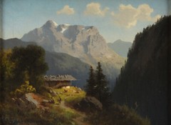 Oil painting landscape Alps snow mountains with village house Adalbert Waagen