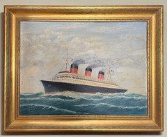 Vintage SS Ile De France Artist Original Oil Painting W. T. Olivea Wood Frame