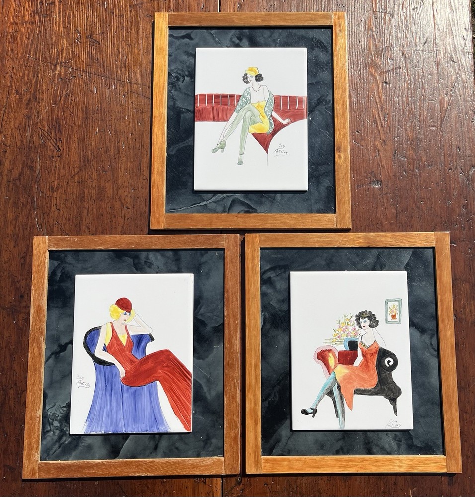 3 Vintage Art Deco Stylized Fashion Woman Paintings On Tile COY ARTISTRY