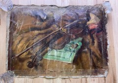 Antique 19th Oil Canvas Painting Still Life Violin Illegible Sign Mystery Artist