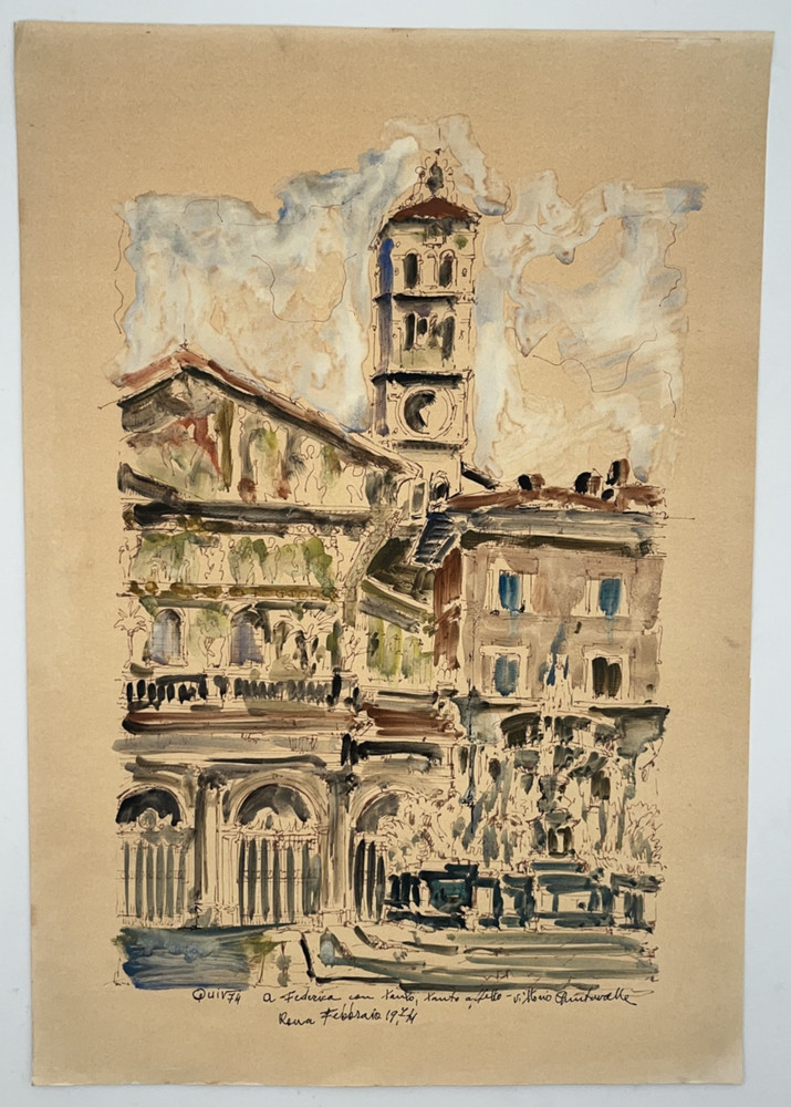 View Rome AQUARELLE Drawing VITTORIO QUINTAVALLE Italy 1974