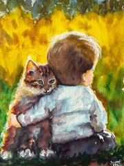 Boy With a Kitten Painting Boy Original Watercolor Art Cat Wall Art Kitten Art