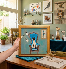 Vintage MCM Mid Century Modern Siamese Cat Painting Framed Gold Wall Art Retro
