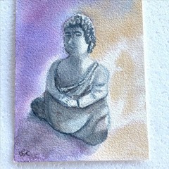 Original Watercolor Painting Meditating Buddha Statue Zen Fine Art Signed 5×7
