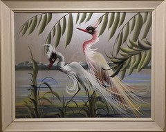 VTG Signed M DeVoe Crane Painting Framed Asian Bird Art Mid Century Crane