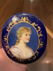 Antique Porcelain Plaque Painting Portrait Young Lady Flowers in Gold Blue Frame