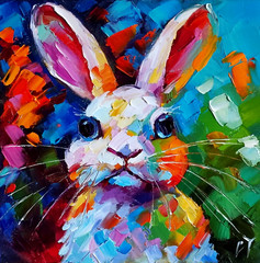 original oil painting Rabbit Bunny Pet artwork Colorful animals wall art 8*8 in