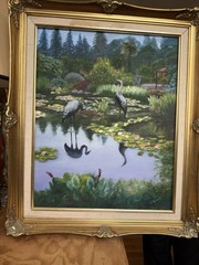 Original Art Painting Canvas Framed Bird Water Naturescape Heron Crane Signed