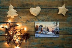 Оriginal oil painting.Winter landscape with a church in the village.Sunset art