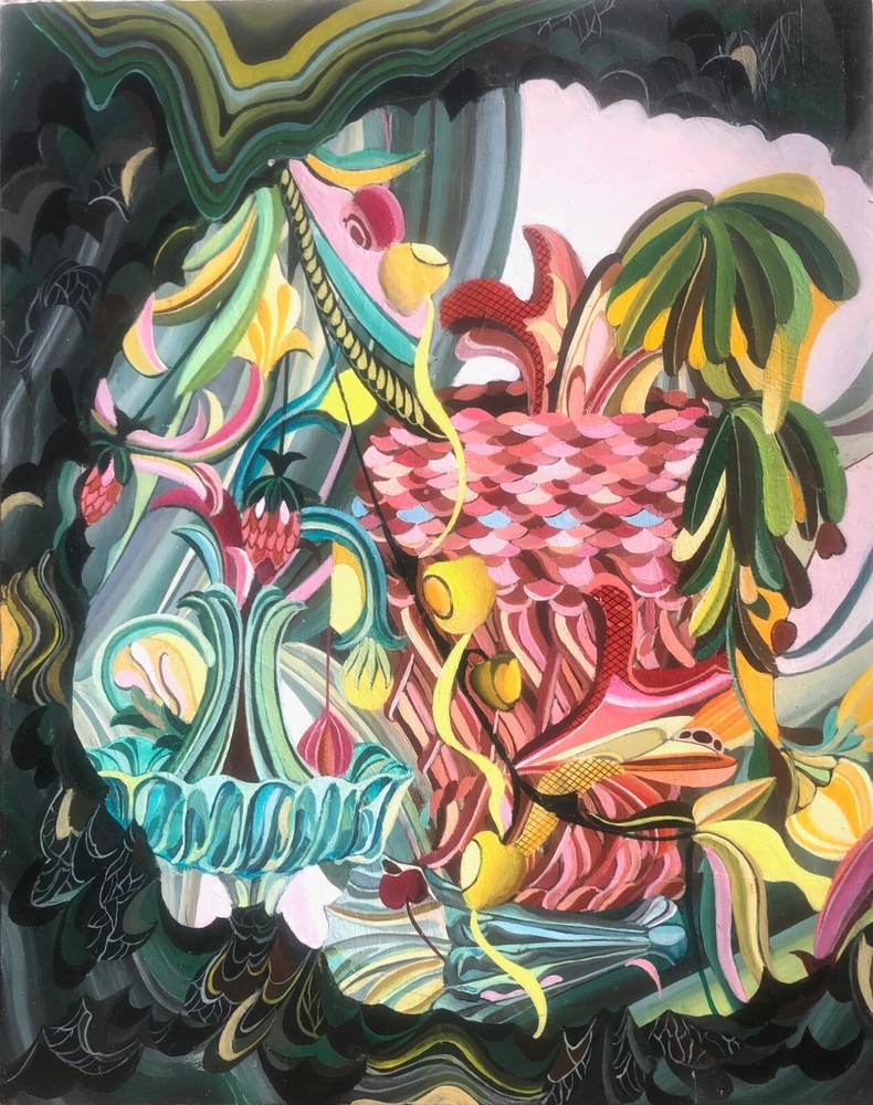 Abstract fantasy, still life green pink yellow, glass and basket painting 16×20