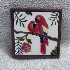 Two Red Hand Painted Parrots On Koa Wood Frame
