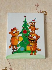 Christmas .Cats. Acrilyc on canvas 20×25 cm Hand Painted style Vasya Lozhkin
