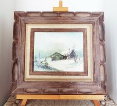 VINTAGE ORIGINAL SIGNED OIL ON WOOD W. SMITH WINTER CABIN PAINTING WOOD FRAMED