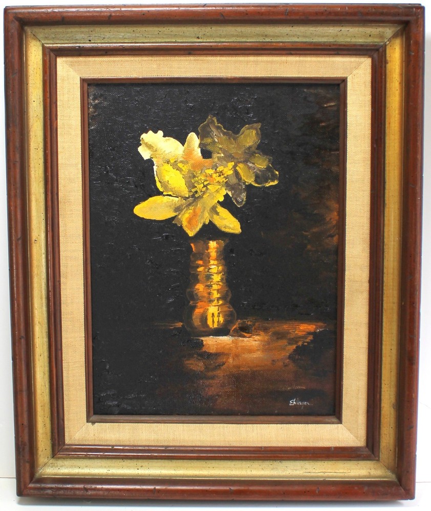 VINTAGE OIL PAINTING ON CANVAS PANEL 1979 SIGNED EHLINGER CHIAROSCURO STILL LIFE