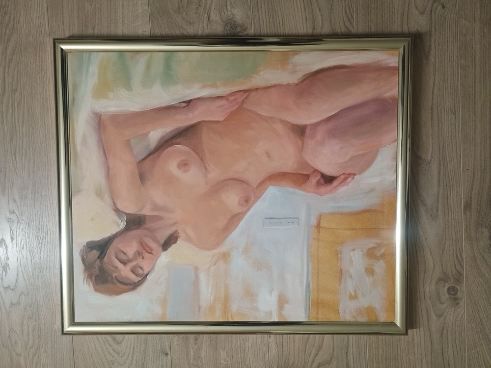 Original Oil Painting Nude Woman Reclining – Figurative Art – Framed Canvas