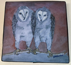 Barn Owls Painting on Wood „Together/Night“ Signed by Artist 2012 5″x5″ Original