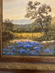 Beautiful Bluebonnet Oil Painting-Texas Hill Country Landscape-Antique Frame
