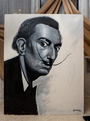 Large Black & White Salvador Dalí Portrait on Wood Panel – 51×40.5 – Original