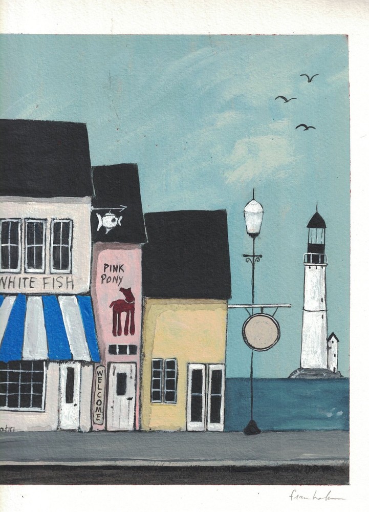 Original Whimsical Shops and Lighthouse 8×10 HandPainted on Watercolor paper9x12