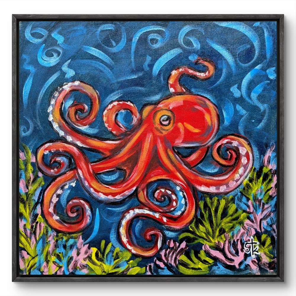 Original 12×12 Vibrant Octopus Acrylic Painting Signed Contemporary Canvas Art