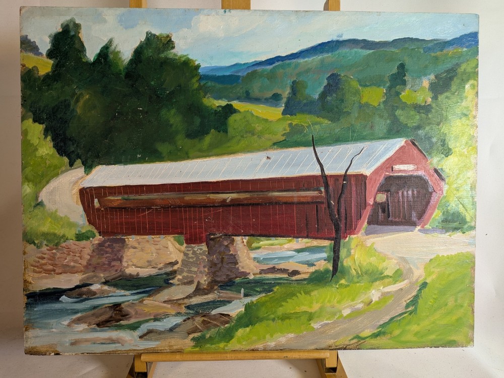 Vintage mcm Modern Impressionist painting Woodstock VT Taftsville Bridge Huszer