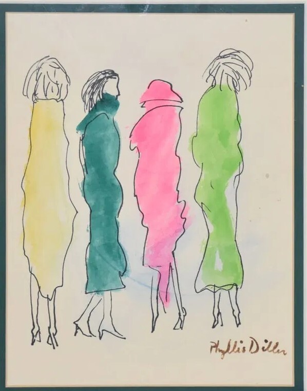 Phyllis Diller (1917-2012) Watercolor and ink, 4 ladies standing.