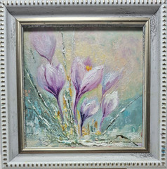 Original oil painting, signed, framed Spring flowers crocuses 4x4inches