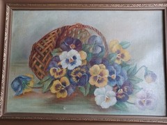 ANTIQUE 19th CENTURY VICTORIAN PANSY BASKET FLOWERS FLORAL OIL PAINTING