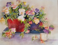 Painter Suzanne Obrand, Holocaust Survivor, Watercolor Painting „Pot of Pansies“