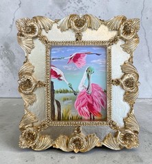Spoonbill Landscape mini watercolor bird print • gold vintage style ornate frame
