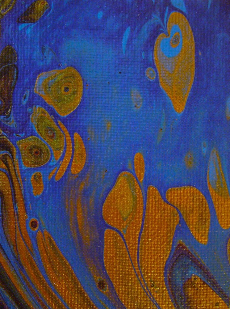 COPPER AND TURQUOISE MEET Acrylic Abstract Flow Painting ACEO ATC 2.5 x 3.5 in