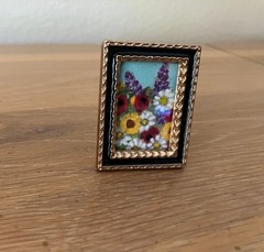 Original MINIATURE Watercolor Painting in VTG Metal Frame; Flowers; 1 – 1/2 x 2″