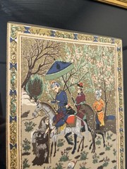 Persian Miniature Painting Royal Procession with Shah Framed Tapestry Silk Cloth