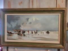 Antique Framed Boats & FIGURES On SHORE OIL PAINTING Signed J. MONLLOR 21 X 37″