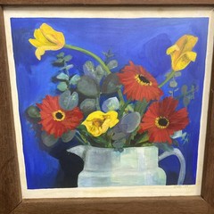 Vtg Still Life Gerbera Flowers In Vase Signed Watercolour on Paper ‘99 61x61cm