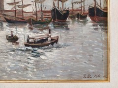 Old Italian Port Scene with Sailboats, Marina, Original Old Oil Painting signed