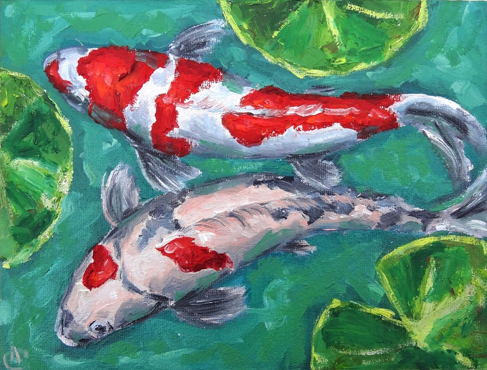 Koi Fish Painting Original Art 6 by 8 Pound Carp Artwork Feng Shui Wall Art