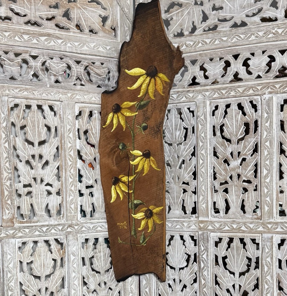 26” Vintage Hand Painted Yellow Flowers Rustic Wood Signed Wall Decor Cottage