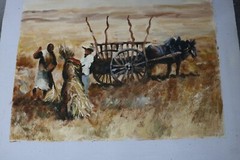2 Paintings on Canvas of Animal Drawn Carts People Working – Unsigned