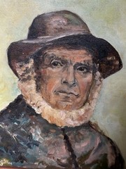 Vintage Painting Portriat Old Man Bear Hat Fisherman Signed Gillian Framed